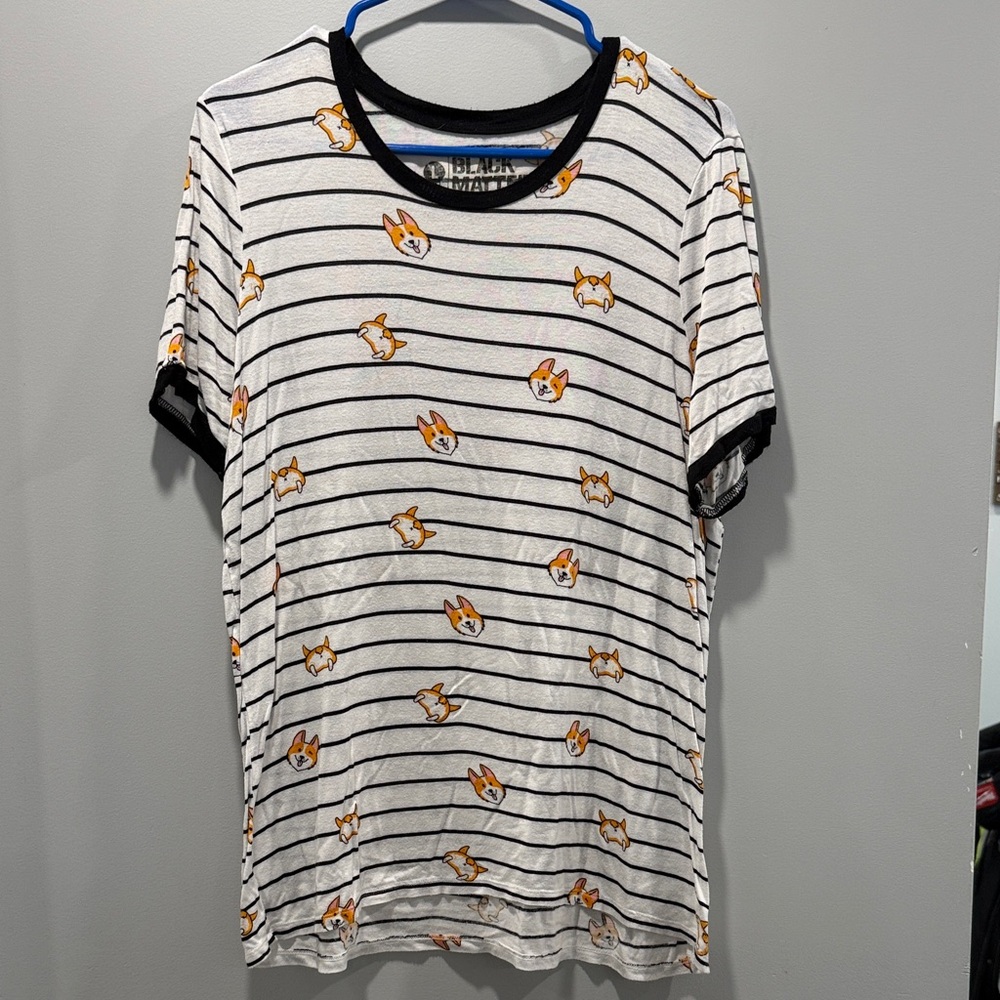 Black Matter Striped Tee with Corgi Print